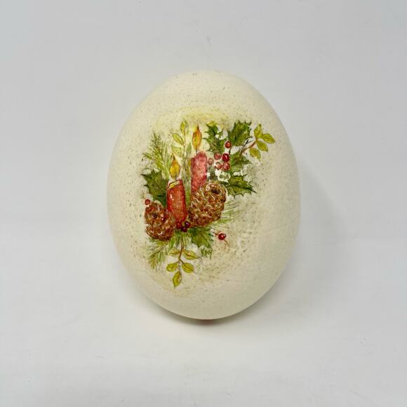 Hand Painted Candles Pinecone Greenery on Full Ostrich Egg by Nebraska Artist - Picture 1 of 6